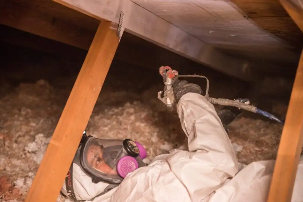 Technician in a respirator and protective suit spraying the wood framing above loose insulation