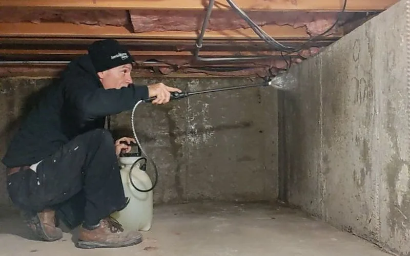 Technician crouching in a crawl space and spraying treatment on the concrete foundation wall