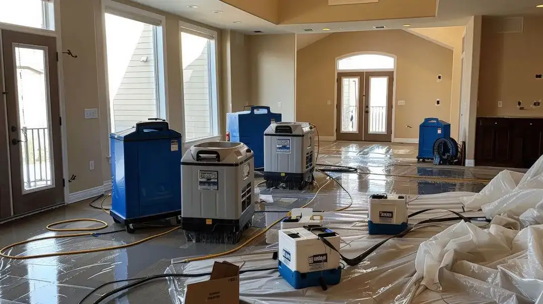 Dehumidifiers and air movers drying a water-damaged living room, with plastic sheeting over the wet floor
