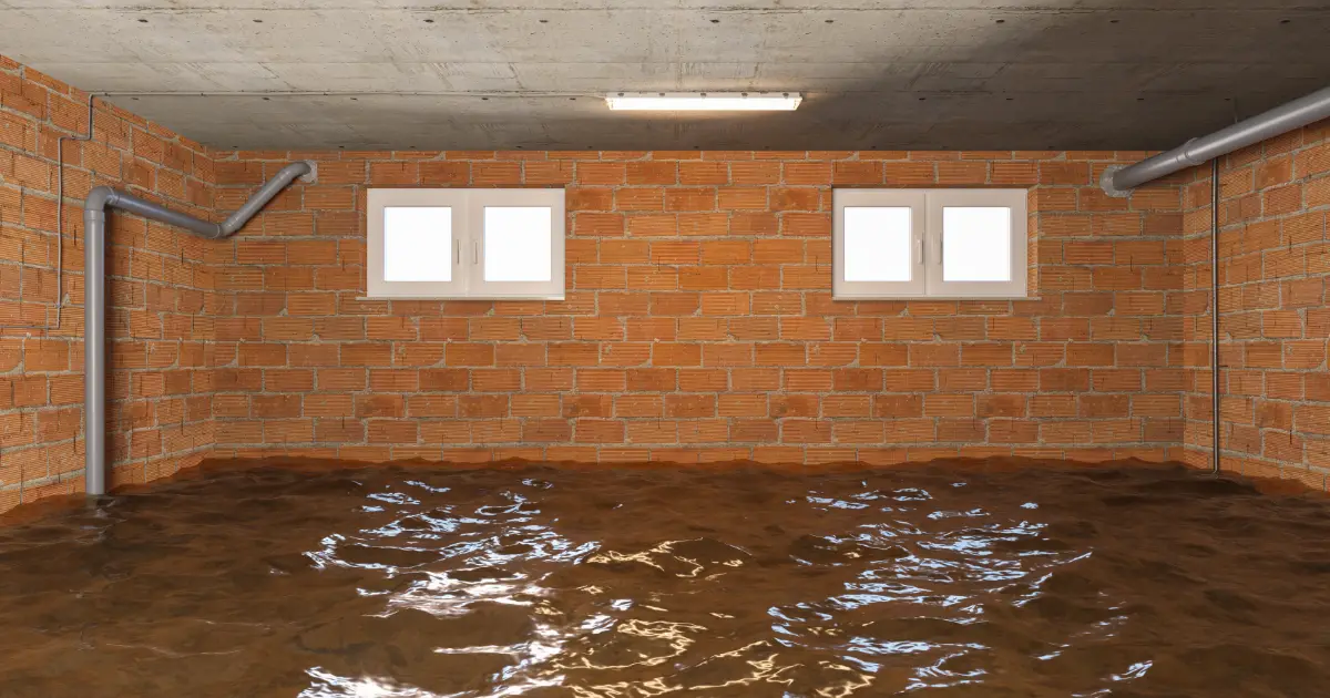 Basement flooded with standing water across the floor below two small windows