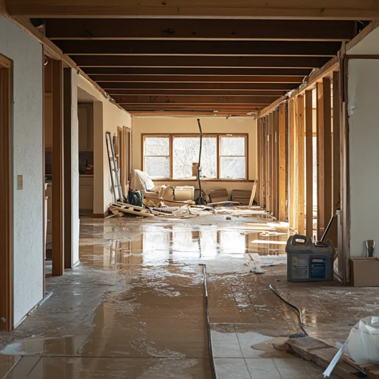 Flooded house after tear-out, with drywall removed down to the studs and mud still on the floor