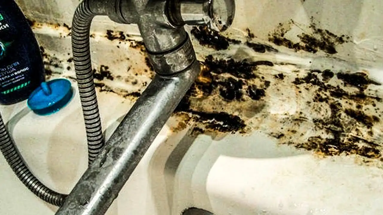 Black mold growing around a leaking bathtub faucet and shower hose