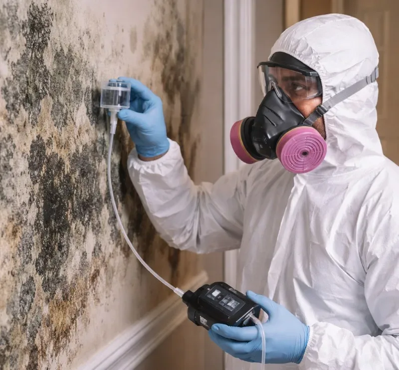 Technician in a protective suit and respirator checking a wall covered in mold