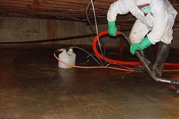 Technician in a protective suit, mask and gloves pumping sewage out of a flooded crawl space