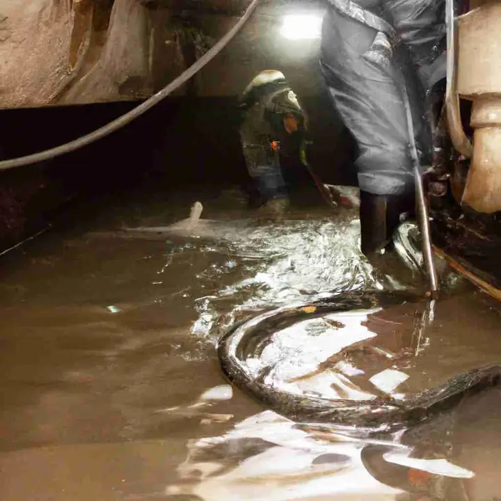 Crew in rubber boots pumping sewage water out of a flooded basement with a suction hose
