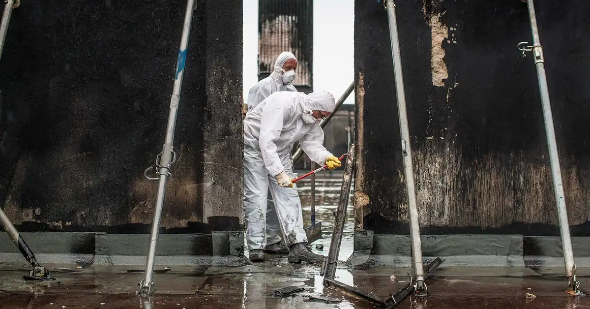 Two workers in protective suits and masks clearing debris between soot-blackened walls