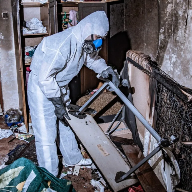 Worker in a protective suit and respirator removing burned furniture from a smoke-stained bedroom