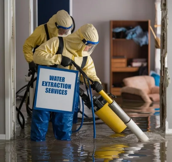 Two technicians in protective suits pumping standing flood water out of a room