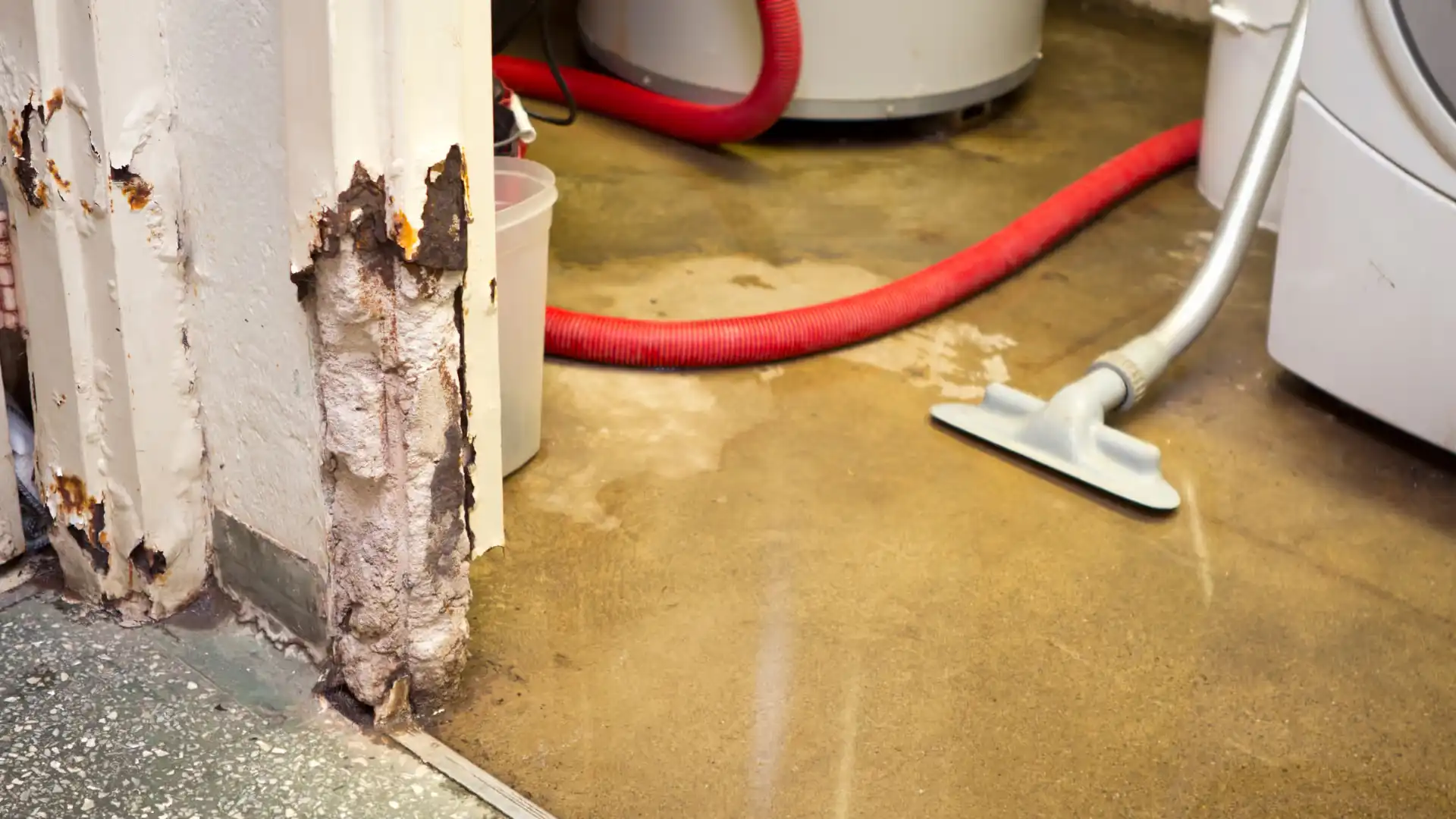 Wet vacuum removing water from a flooded basement floor next to a water damaged wall