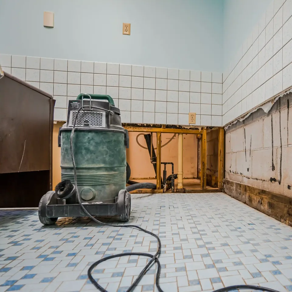 Wet vac on a tiled bathroom floor after water damage, with the vanity removed and the lower wall cut away for drying
