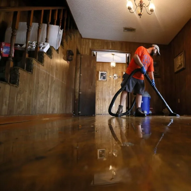 Worker using a wet vac to remove standing water from a hardwood floor in a flooded home